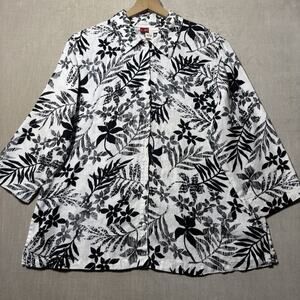 JM Collection Womens 100% Linen Floral Button Top Size 14 Black White 3/4 Sleeve